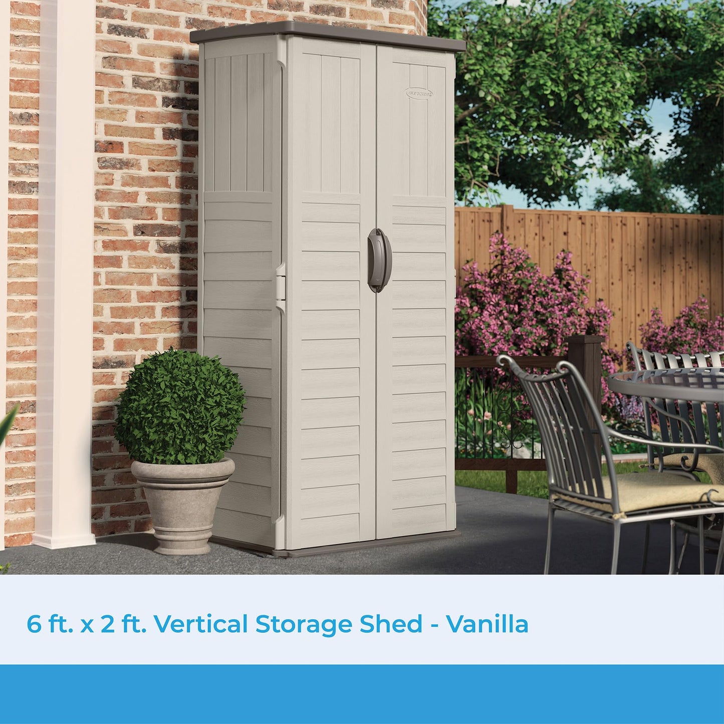 Suncast Vertical Outdoor Storage Shed with Reinforced Floor, Lockable Double Doors, All-Weather Construction, and Multi-Wall Panels, Vanilla, Made in the USA - CookCave