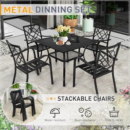 SUNCROWN 5-Piece Outdoor Wrought Iron Chairs and Table Patio Dining Furniture Set - 4 Stackable Metal Chairs, 1 Steel Slat Bistro Table for Garden Backyard Deck - CookCave