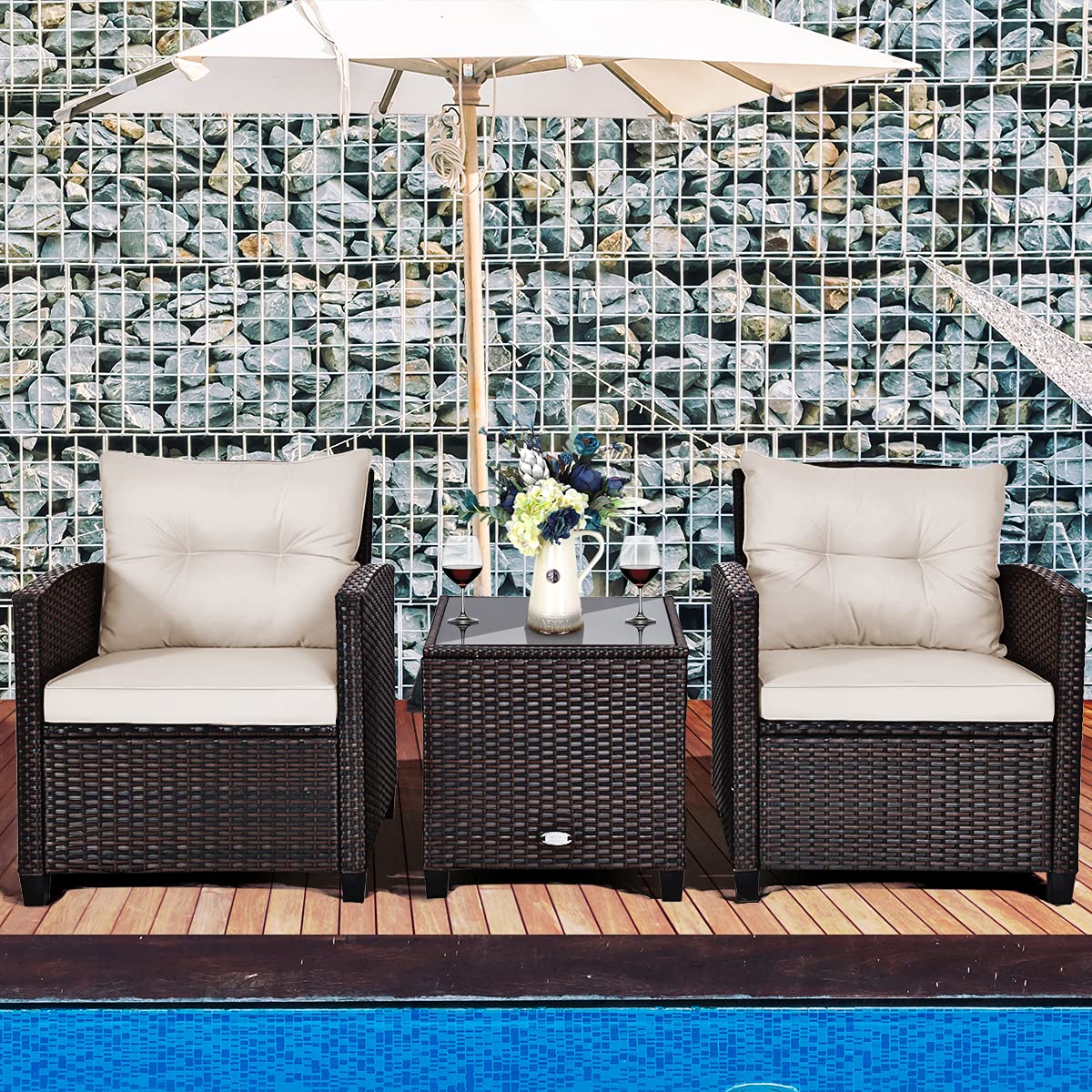 Tangkula 3 Pieces Patio Furniture Set, PE Rattan Wicker 3 Pcs Outdoor Sofa Set w/Washable Cushion and Tempered Glass Tabletop, Conversation Furniture for Garden Poolside Balcony (White) - CookCave