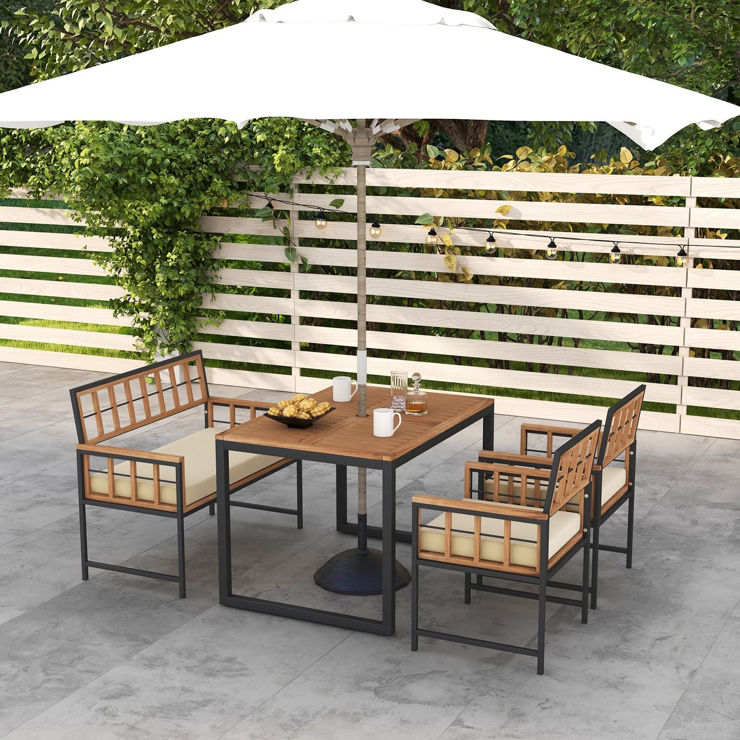Tangkula 4 Piece Patio Dining Set, Outdoor Wood Dining Furniture W/ 2 Chairs & 1 Loveseat, 47” Acacia Wood Table W/Umbrella Hole, Cozy Seat Cushions, Outside Furniture Set for Backyard, Poolside - CookCave