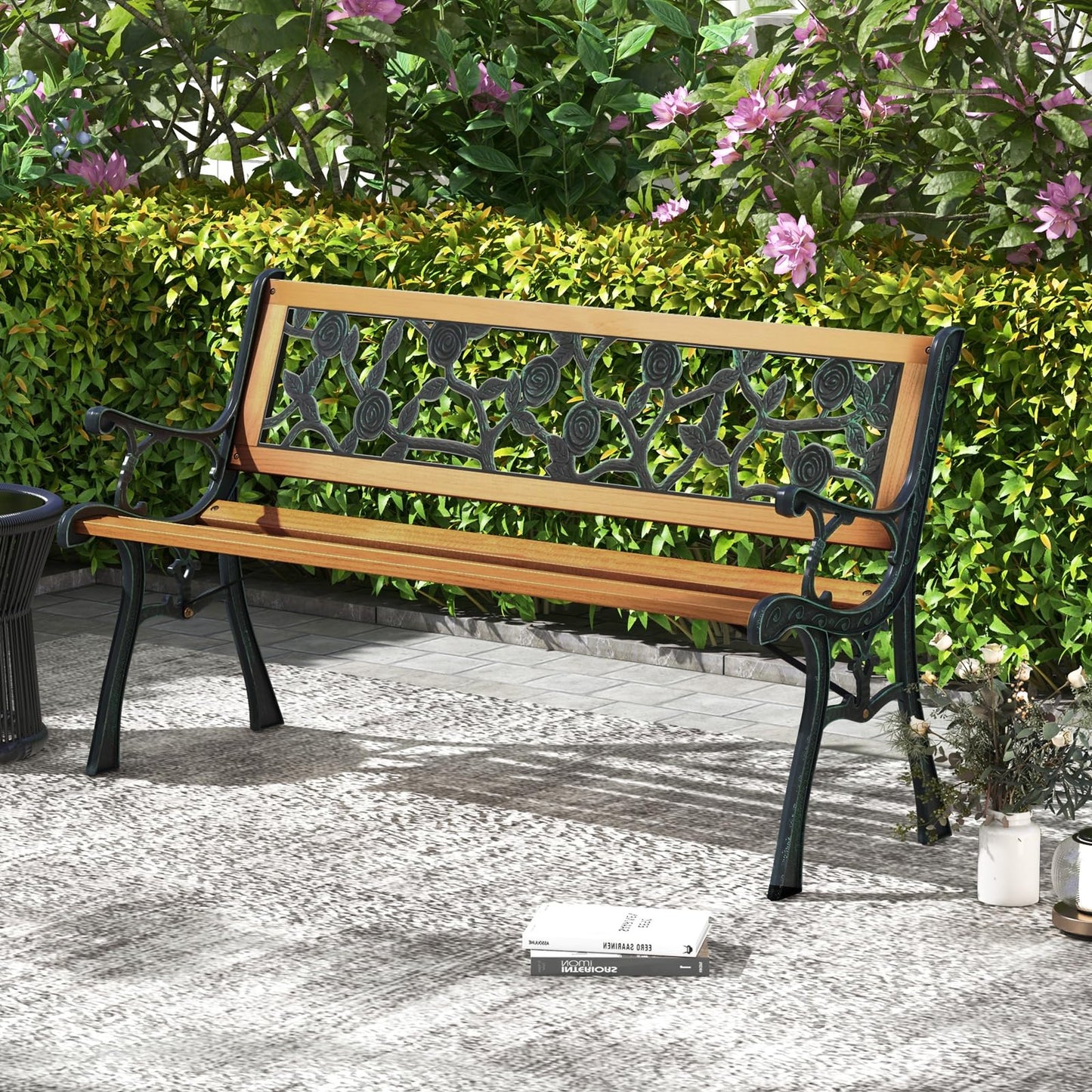 Tangkula Outdoor Garden Bench Park Bench, Patio Iron Bench Chair with Cast Iron & Hardwood Structure, Weather Proof Porch Loveseat, Perfect for Backyard, Deck, Lawn, Poolside - CookCave