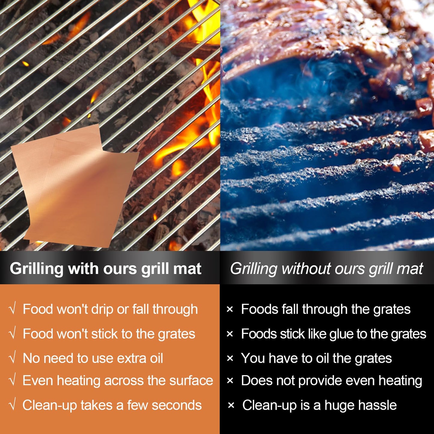 UBeesize Copper Grill Mats, Set of 6 Heavy Duty Non-Stick BBQ & Baking Mats - Reusable, Easy to Clean for Gas, Charcoal, Electric Grills - 15.75 x 13 Inch - CookCave