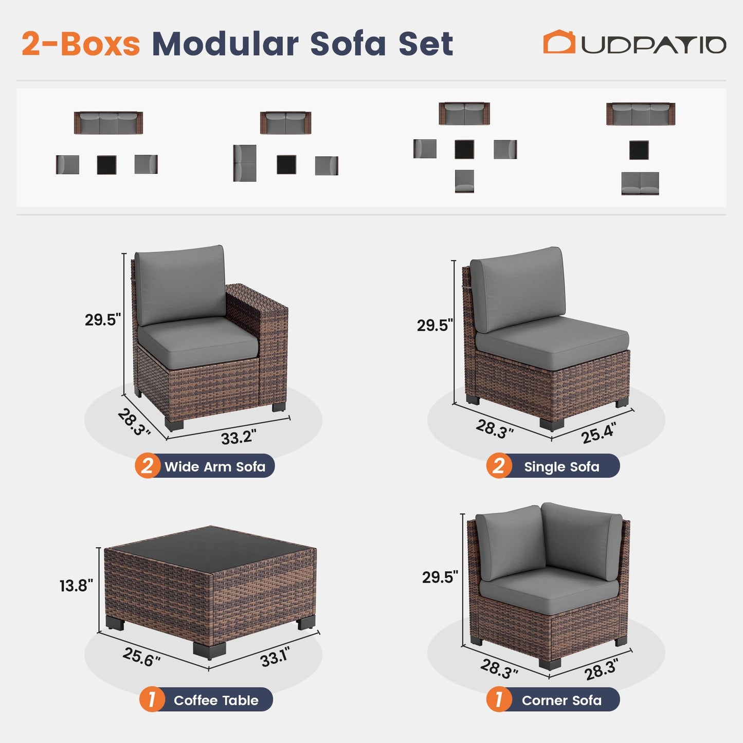 UDPATIO Patio Furniture Set, 8 Inch Armrest Outdoor Sectional Sofa, 6 Piece Wicker Outdoor Furniture Conversation Sets with Waterproof Cover and Coffee Table for Backyard Deck(Brown/Dark Grey) - CookCave