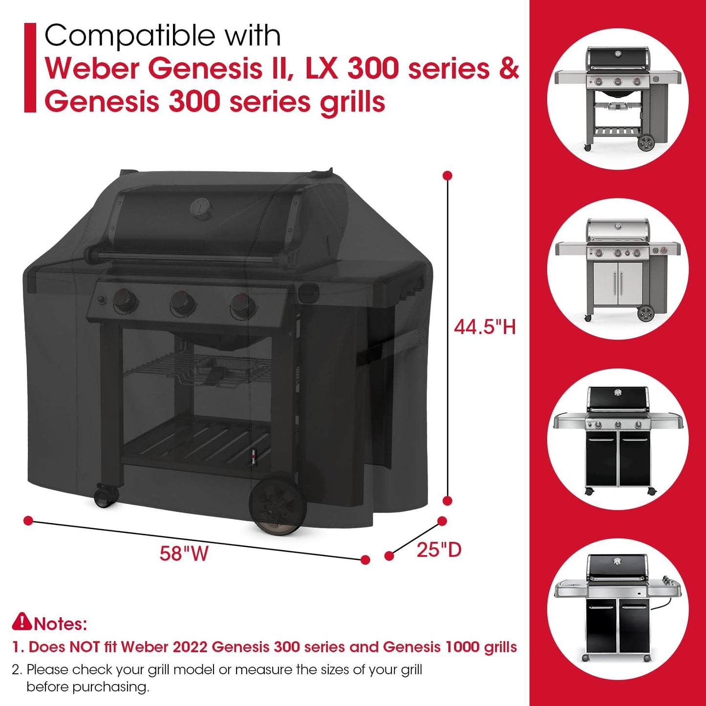 Unicook 58 Inch Grill Cover for Weber Genesis II, LX 300 Series and Genesis 300 Series Gas Grills, Heavy Duty Waterproof Fade Resistant BBQ Cover, All Weather Protection, Compared to Weber 7130 - CookCave