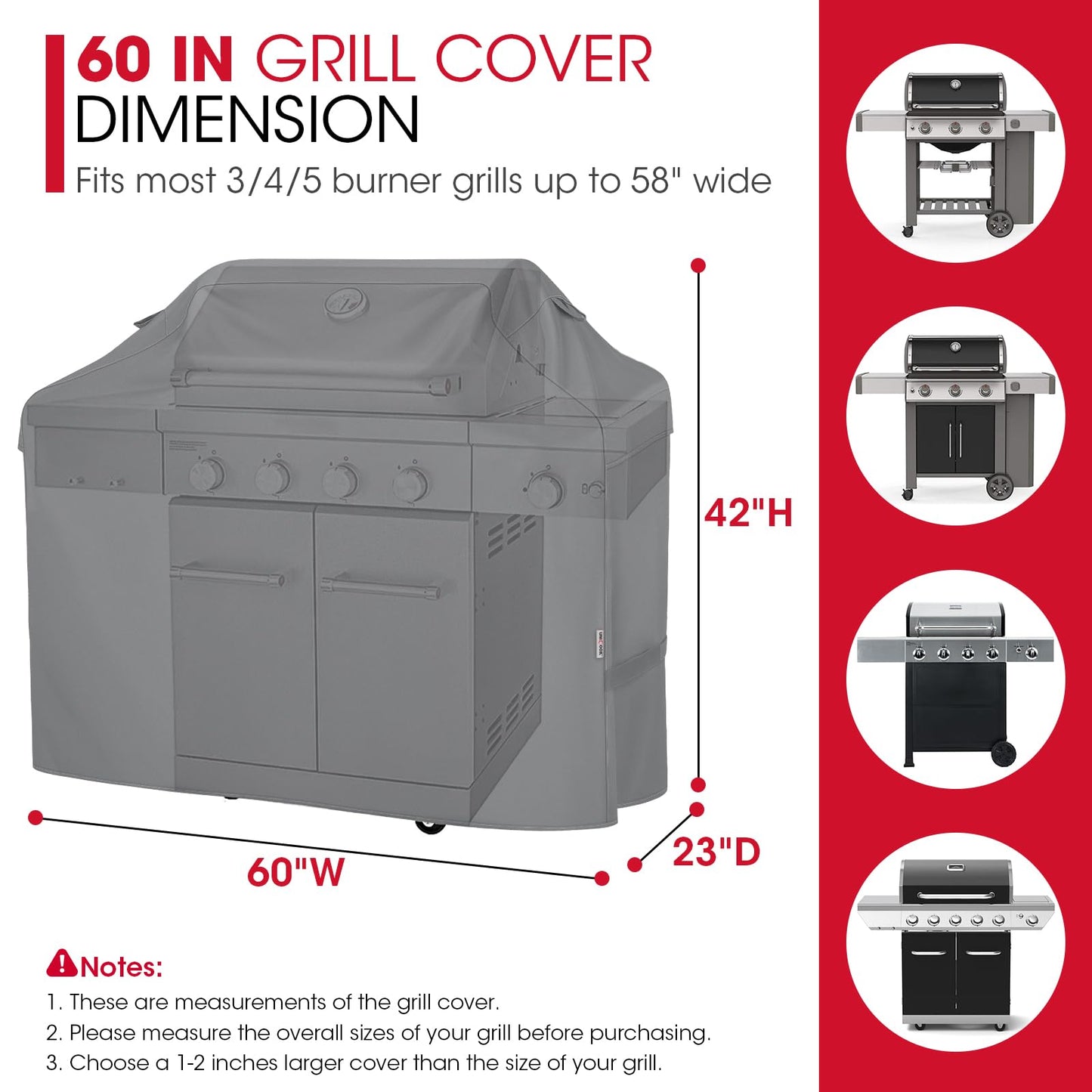 Unicook Gas Grill Cover for Outdoor Grill, 60 Inch BBQ Cover, Heavy Duty Waterproof, Fade Resistant Barbecue Protector Compatible with Weber Char-Broil Nexgrill BBQs up to 58" Wide, Gray - CookCave