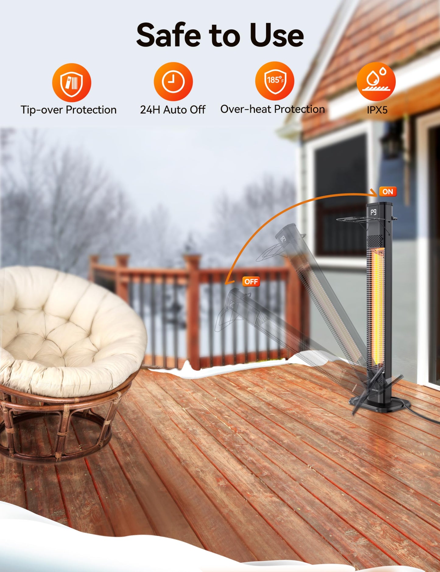 VAGKRI 42" 1500W Electric Outdoor Infrared Heater with Remote, 9 Heat Levels, 24H Timer, 1S Fast Heating, IPX5 Waterproof Tower Space Heater for Home, Office, Patio, Garage - CookCave
