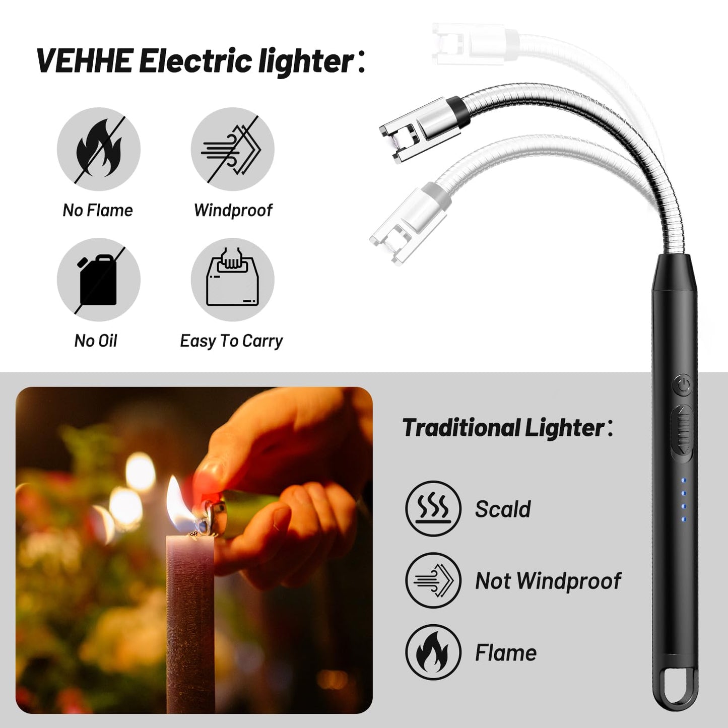 VEHHE Electric Lighter with 360° Flexible Neck, Flameless Windproof Long Candle Lighter with Led Battery Display, USB C Rechargeable with Hanging Hook for Gifts BBQ Fireworks (Black) - CookCave