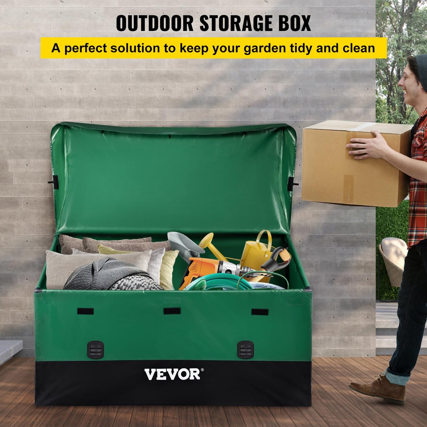 VEVOR Outdoor Storage Box, 230 Gallon Waterproof PE Tarpaulin Deck Box w/Galvanized Frame, All-Weather Protection & Portable, for Camping, Garden, Poolside, and Yard, Black & Green - CookCave
