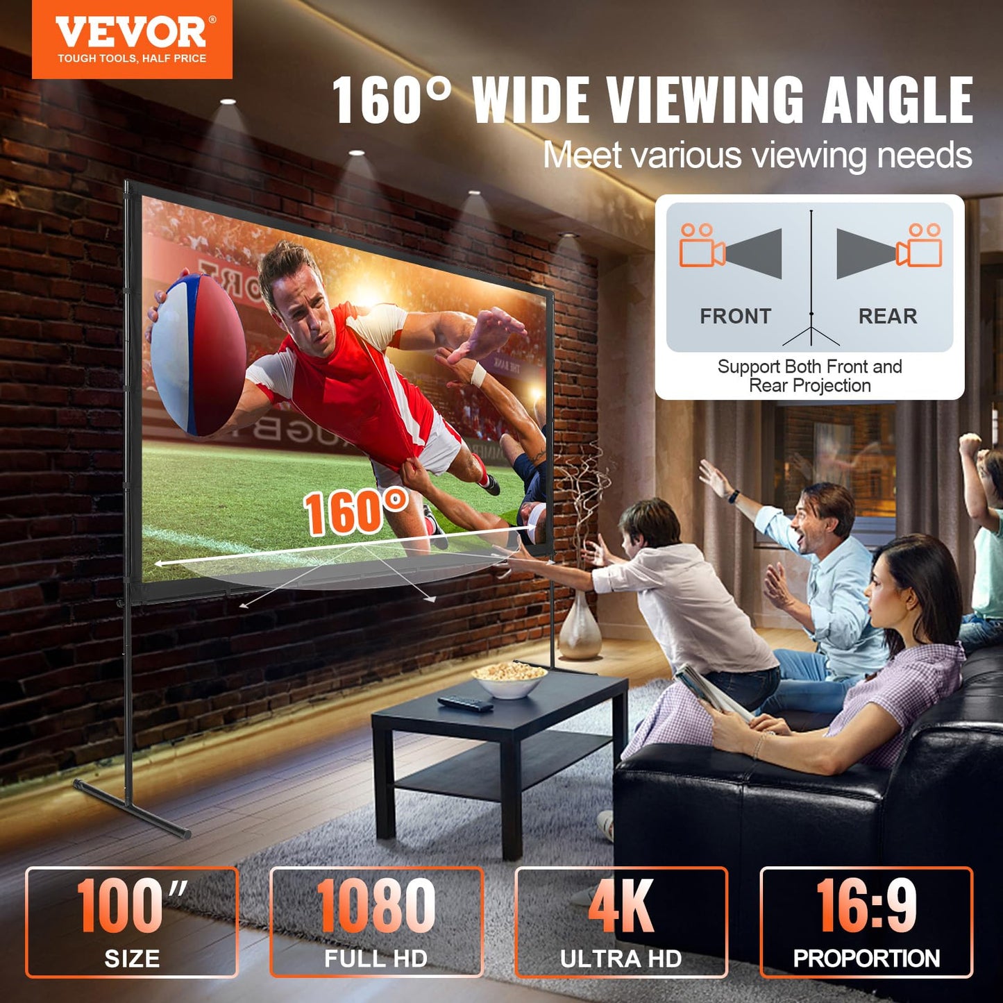 VEVOR Projector Screen with Stand, 100 inch 16:9 4K 1080 HD Outdoor Movie Screen with Stand, Wrinkle-Free Projection Screen with Bar Feet and Carry Bag, for Home Theater Cinema Backyard Movie Night - CookCave