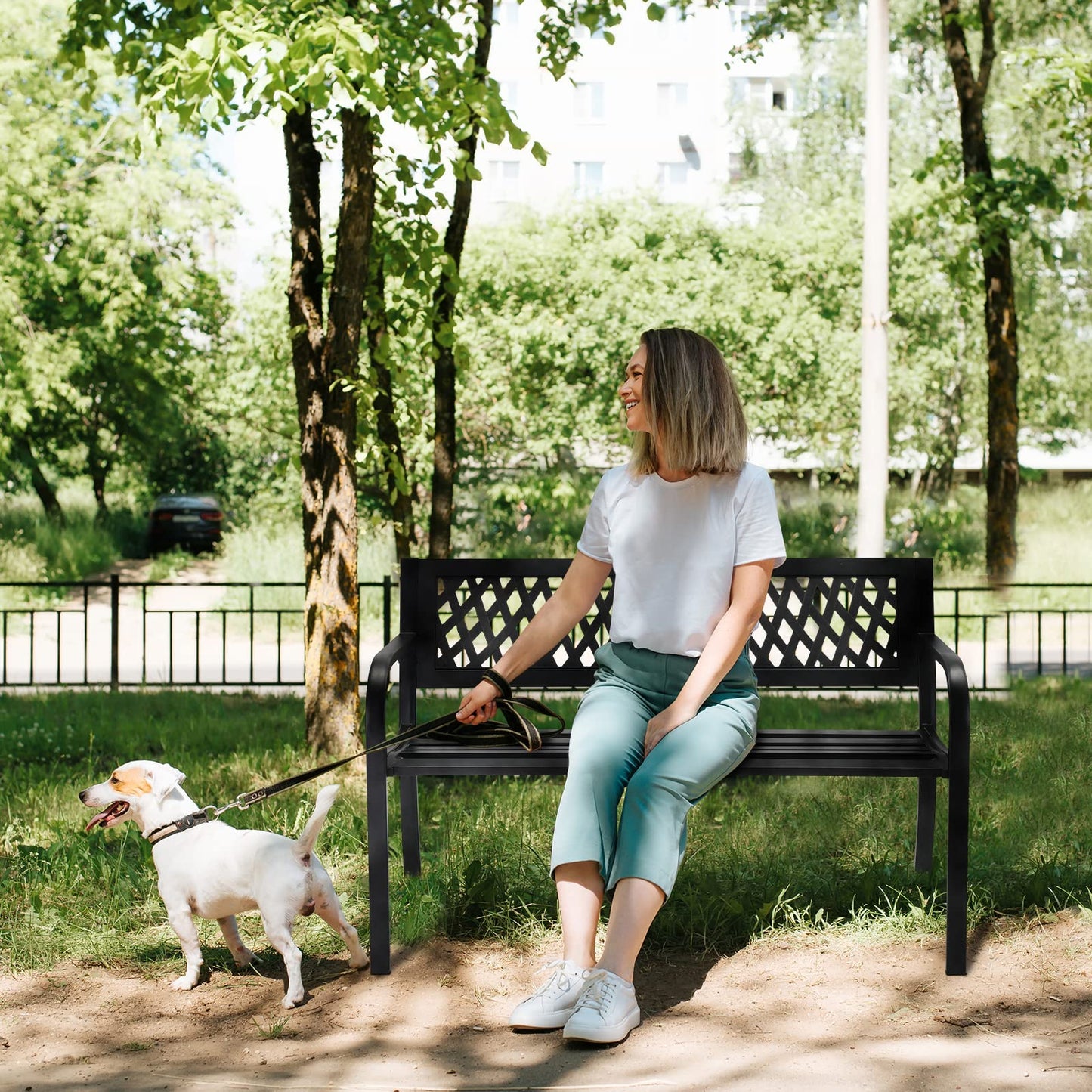 VINGLI Outdoor Bench Porch Bench Patio Metal Garden Bench w/PVC Back, Steel Black Outdoor Bench Park Bench for Yard Lawn Decor Deck Entryway - CookCave