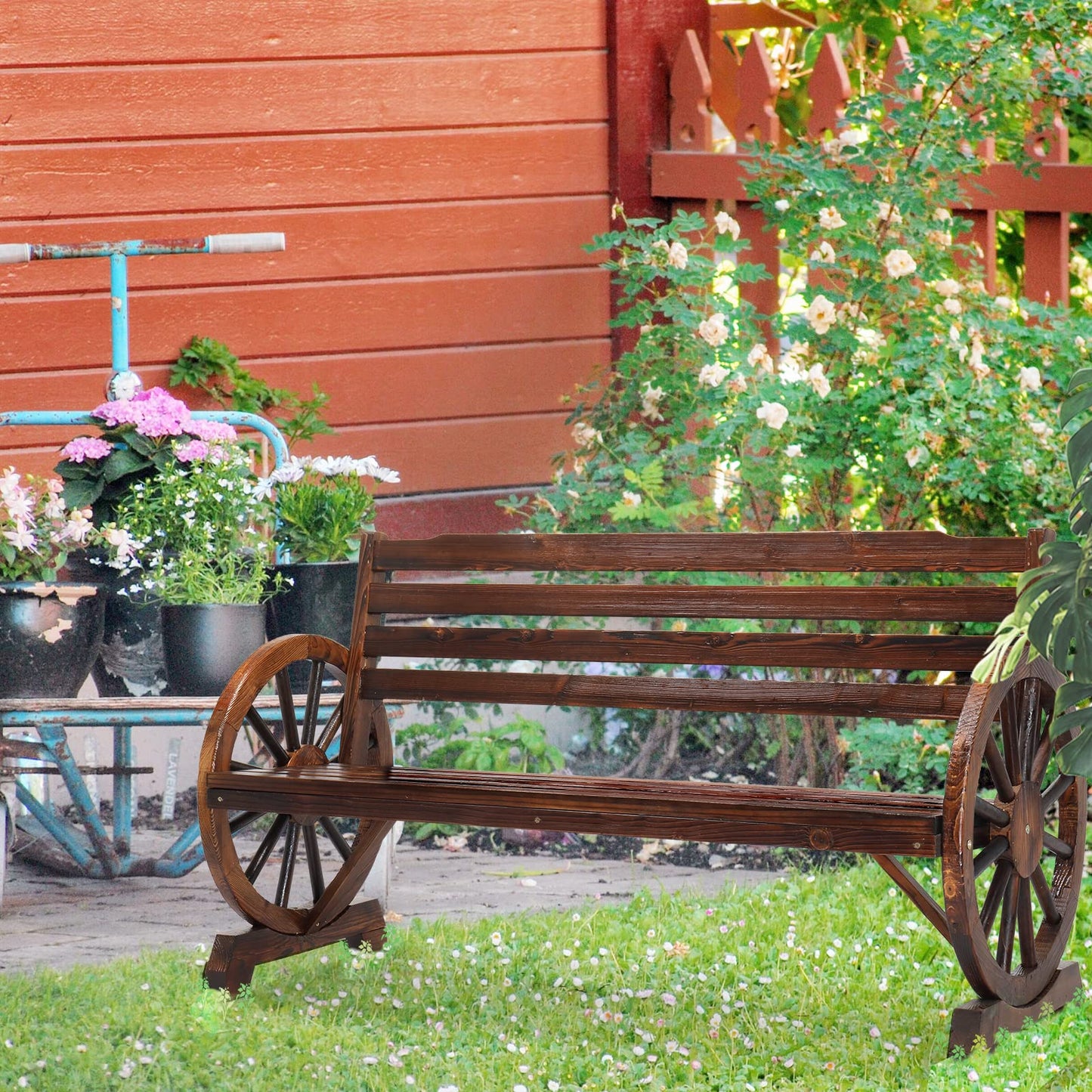 VINGLI Outdoor Rustic Wooden Bench with Wagon Wheel Arms, 3 People Outdoor Bench Garden Bench Front Porch Furniture Patio Lawn Yard Park, Indoor and Ourdoor Decor - CookCave
