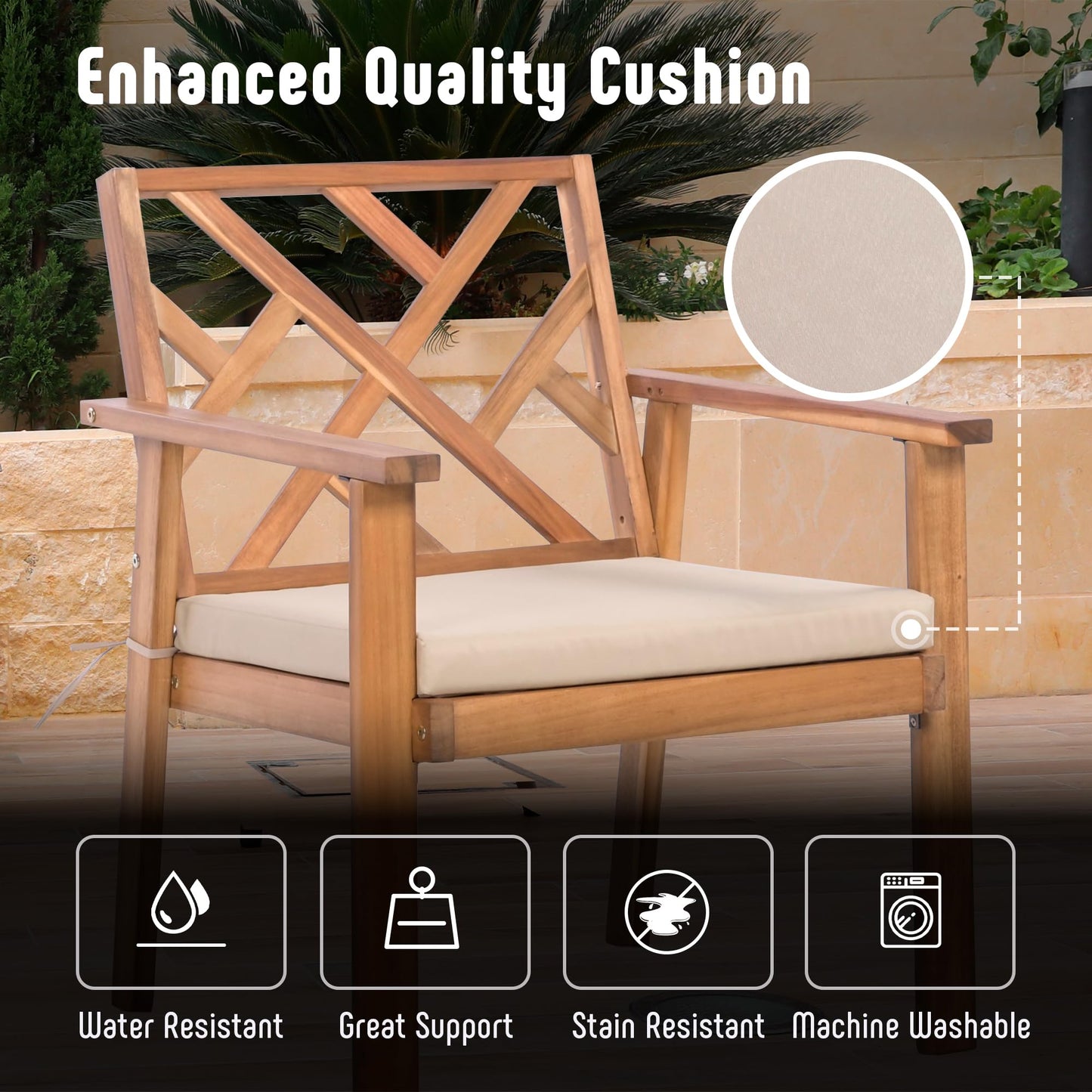 Werph 3 Piece Outdoor Patio Furniture Set, Wooden Conversation Patio Set with Padded Cushion Chairs and Coffee Table, Acacia Wood Lounge Conversation Set for Porch Balcony Deck Backyard - CookCave