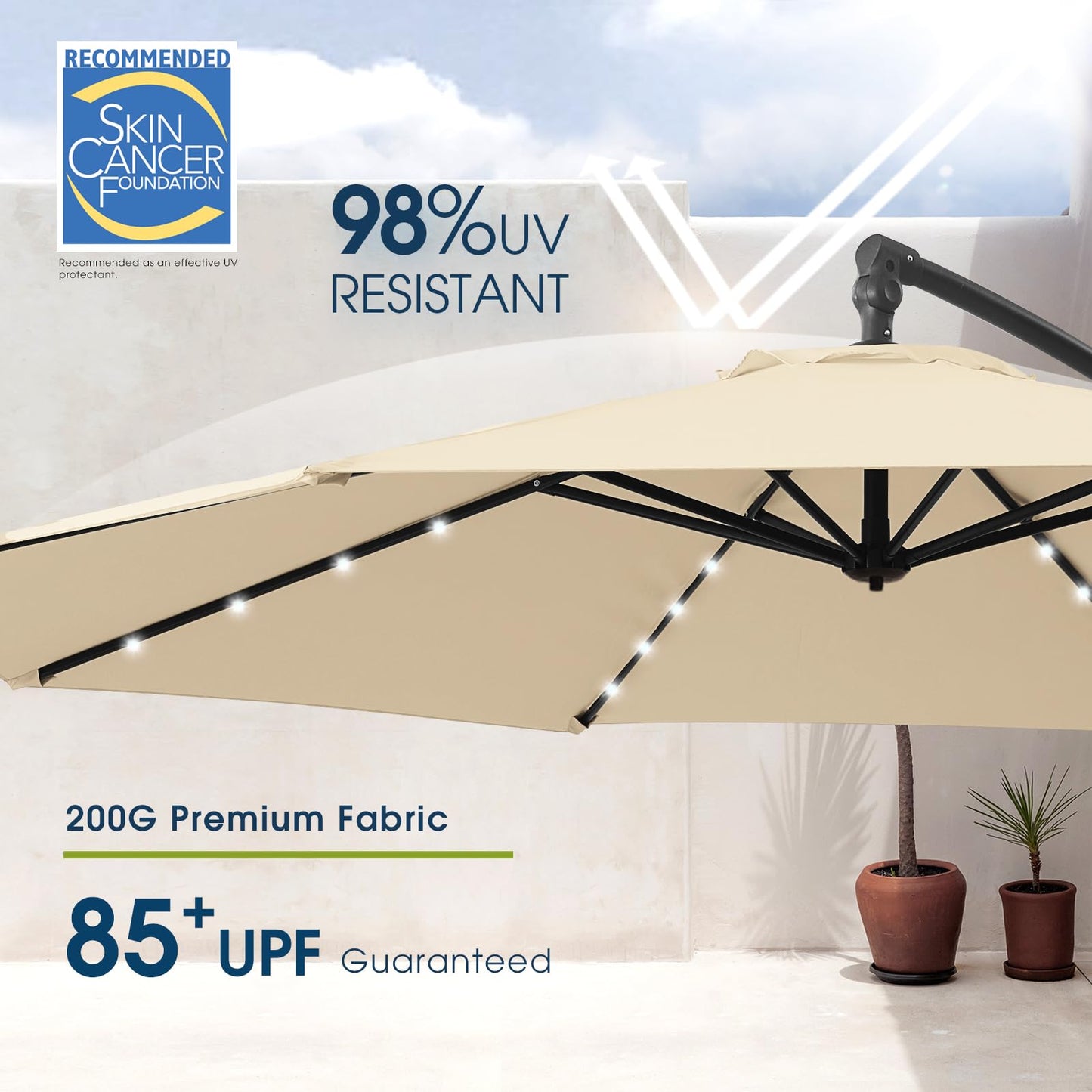 wikiwiki 10ft Solar LED Offset Hanging Market Cantilever Patio Umbrella for Backyard, Poolside, Lawn and Garden, Easy Tilt Adjustment, Polyester Shade & Cross Base, Beige - CookCave