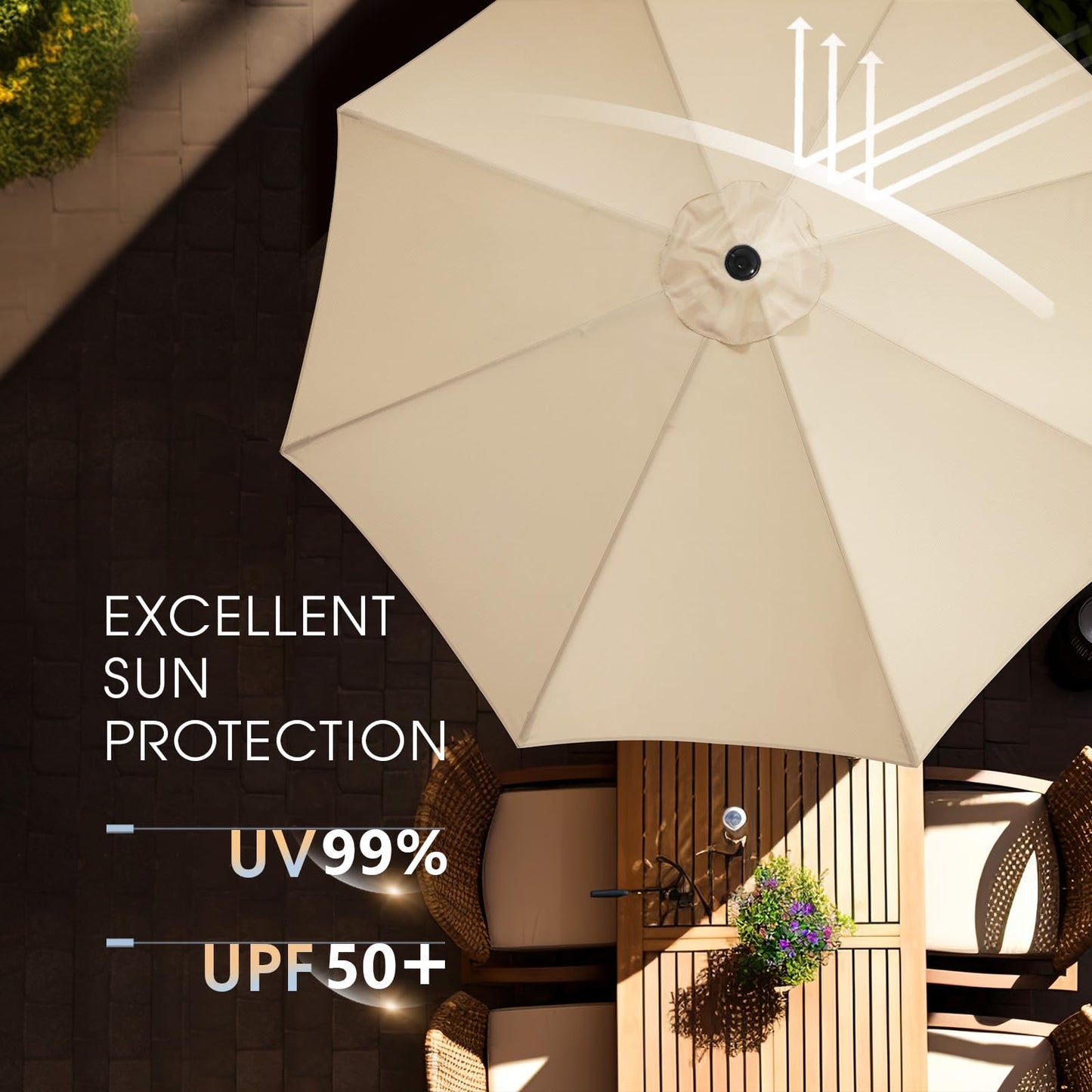 wikiwiki 9 FT Patio Umbrellas Outdoor Table Market Umbrella with Push Button Tilt/Crank, 8 Sturdy Ribs, Fade Resistant Waterproof POLYESTER DTY Canopy for Garden, Lawn, Backyard & Pool, Cream Beige - CookCave