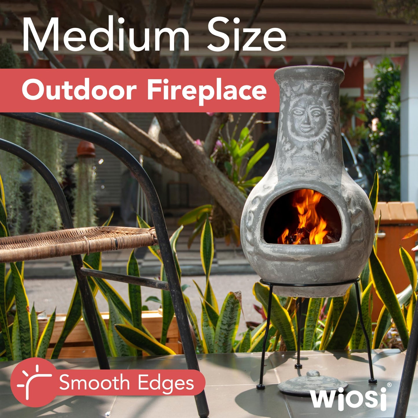 Wiosi Medium Chiminea Outdoor Fireplace Grey Clay Chimineas with Chimney Rain Lids and Solid Metal Stands - Grey Terracotta Chimenea - Rustic Fire Pit Chimnea 16 x 16 x 32-inch - CookCave
