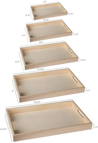 Wood Serving Tray with Handles - Five Piece Nested Breakfast Wood Tray - Wooden Crafts Couch Tray for Organizing - Food Trays for Party Buffet Montessori Bathroom - Wood Trays for Serving & Catering - CookCave