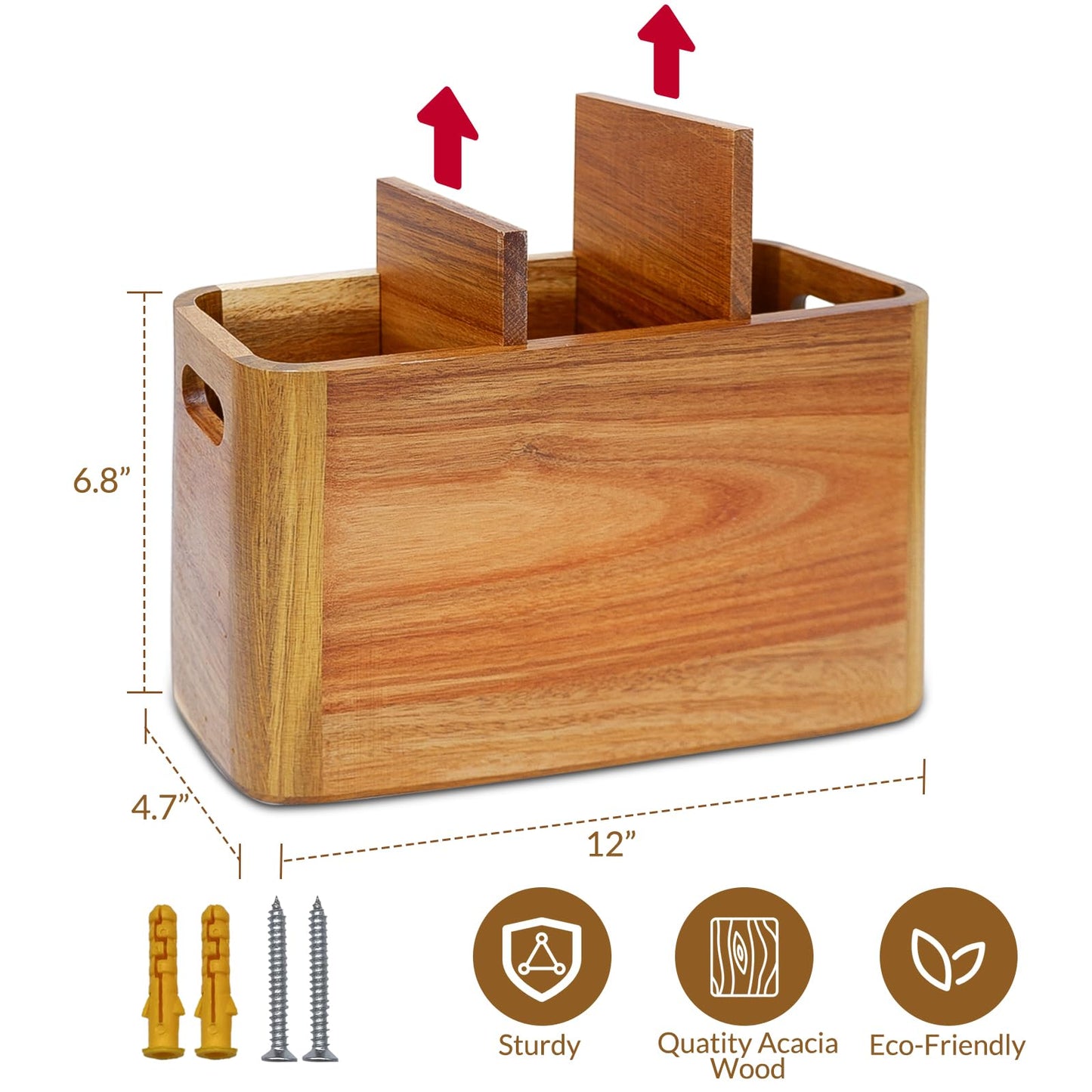 Wooden Kitchen Utensil Holder Organizer for Counter or Countertop, Large Wooden Utensil Holder for Storage Cooking and Silverware with 3 Compartment, Acacia Rustic Wood Container Extra Large - CookCave
