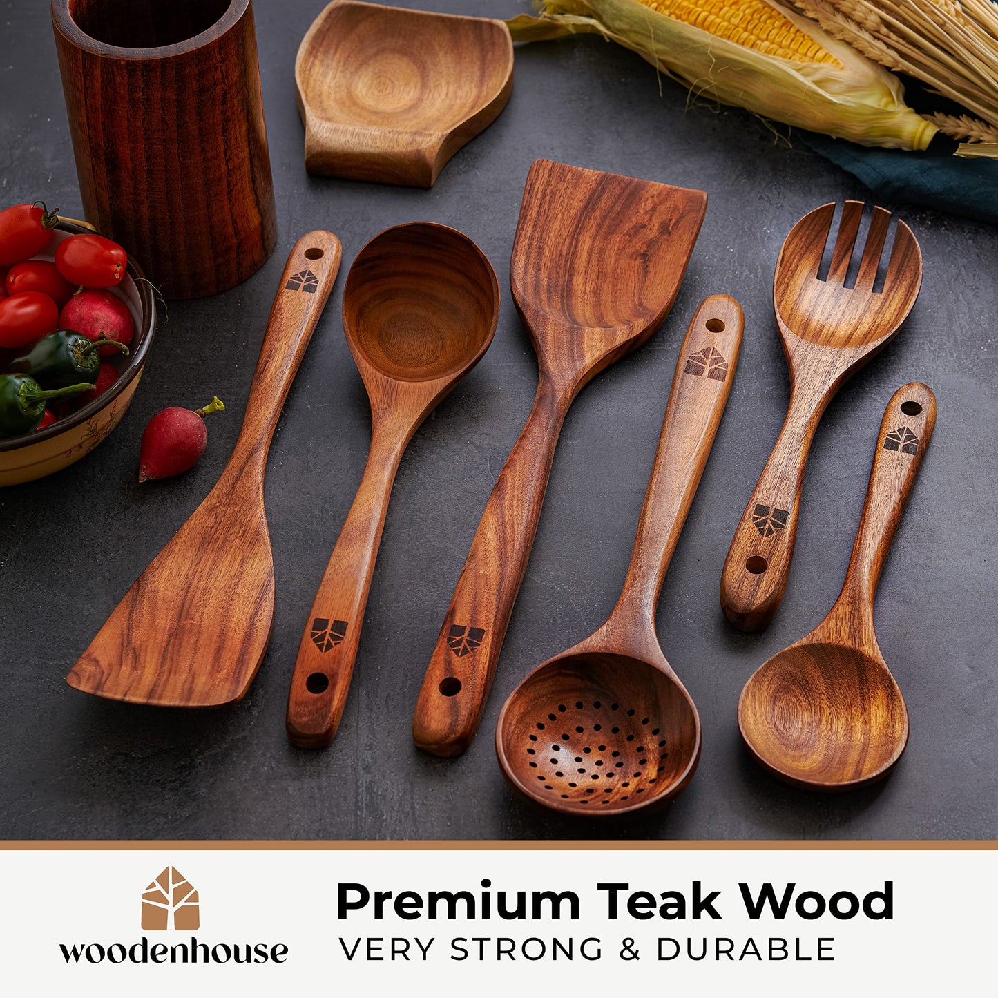 Wooden Spoons for Cooking, Wooden Cooking Utensils Set, Wooden Utensil Set with Holder, Spoon Rest & Hooks, Teak Wood Nonstick Kitchen Cookware – 8-piece set of wooden utensils with 6 metal hooks - CookCave