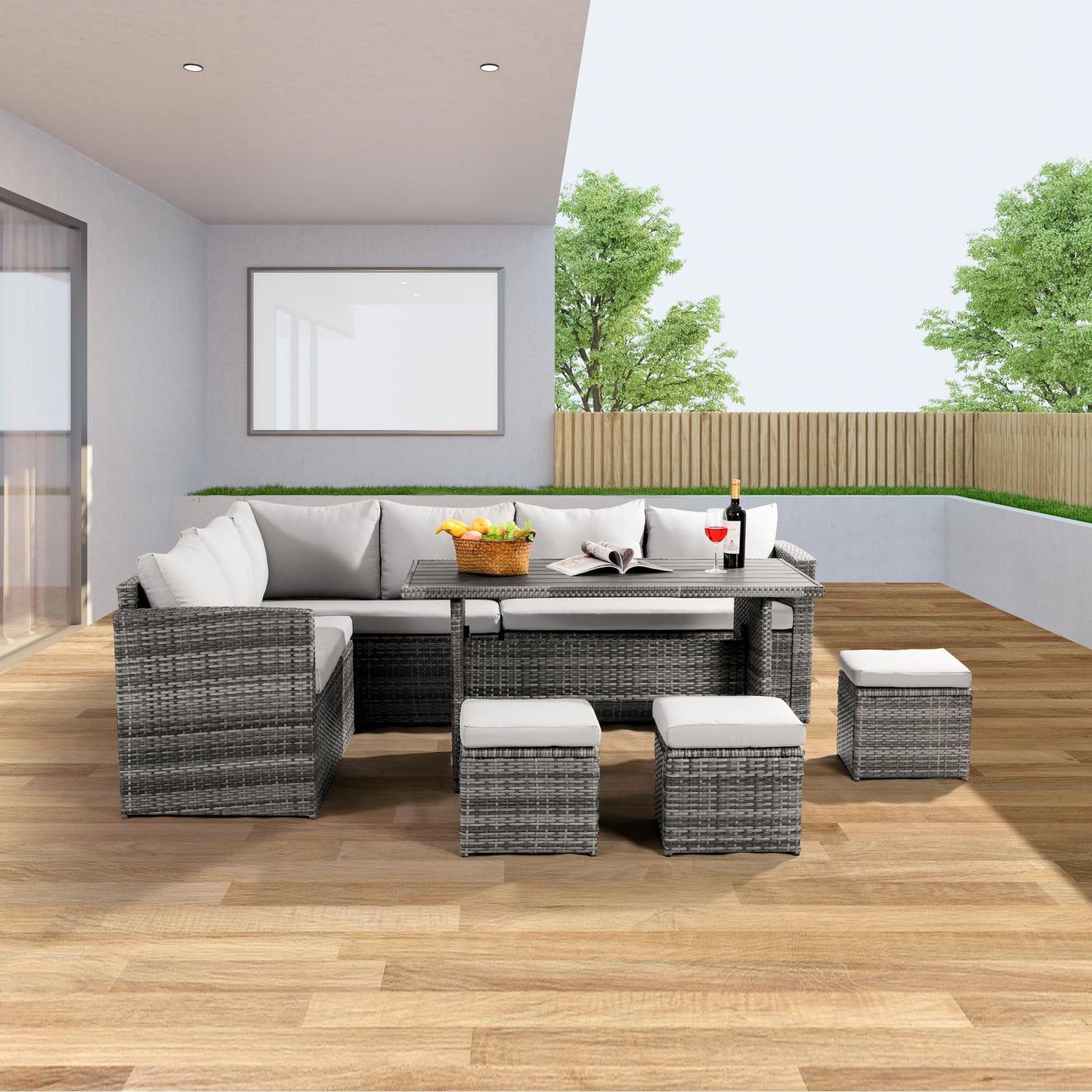 Wumiokio Patio Furniture Set, 7 Pieces Outdoor Patio Furniture with Dining Table&Chair, All Weather Wicker Conversation Set with Ottoman,Grey (Include Sofa Dust Cover) - CookCave