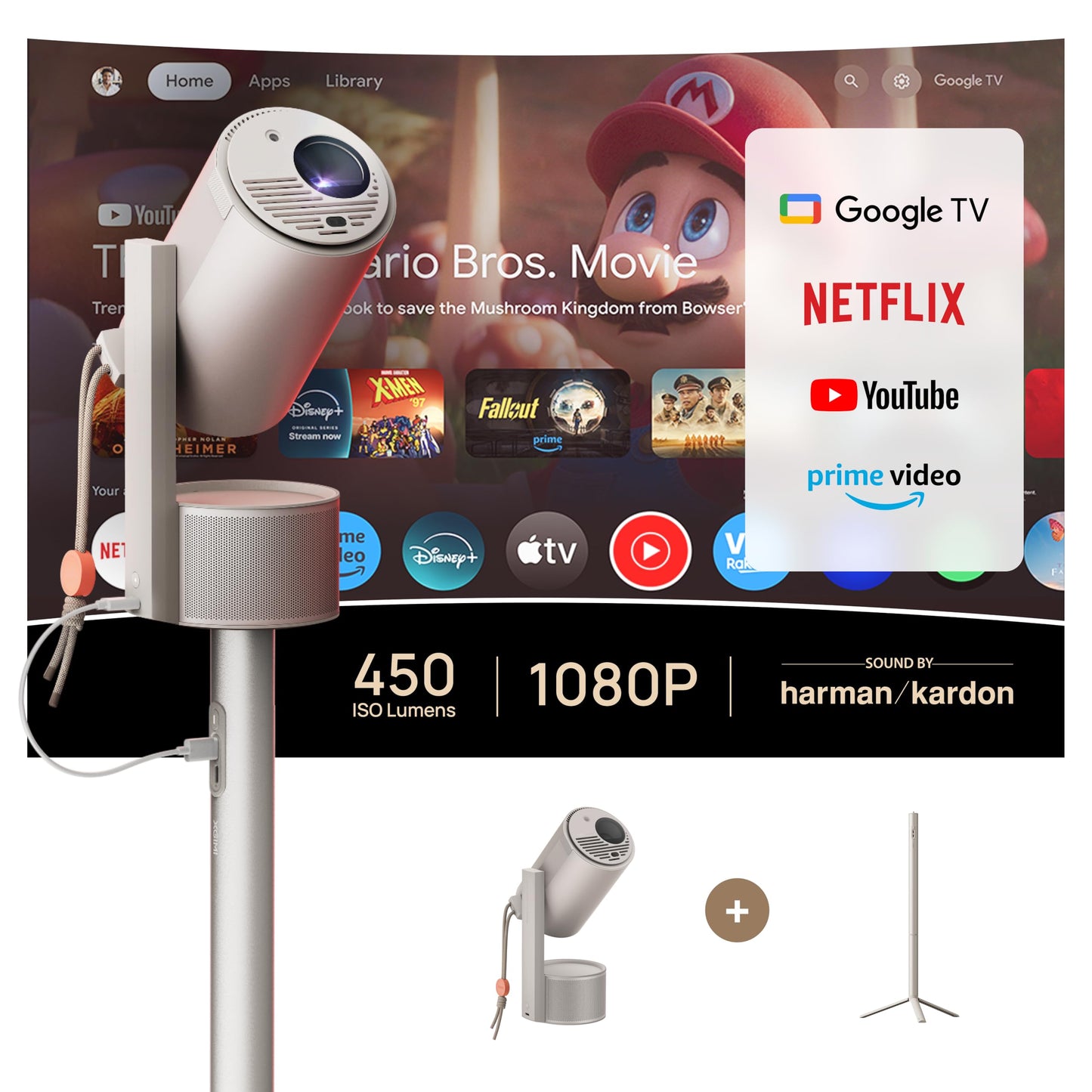 XGIMI MoGo 3 Pro NEW Outdoor Projector with PowerBase Stand, 2.5hrs Battery, Google TV with Licensed Netflix, Build-in Adjustable Stand, 450 ISO Lumens, ISA 2.0, 2 x 5W Harman Kardon - CookCave
