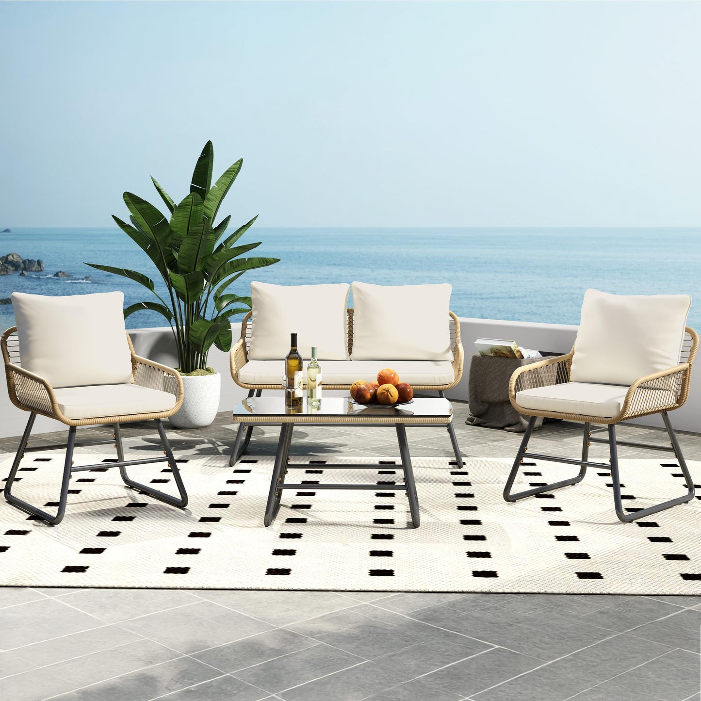 Yaheetech 4 Piece Patio Furniture Set, Outdoor Wicker Conversation Sets, Boho Loveseat & 2 Armchairs with Cushion and Pillow, Glass Top Table for Backyard, Porch, Balcony, Deck - Tan/Cream - CookCave
