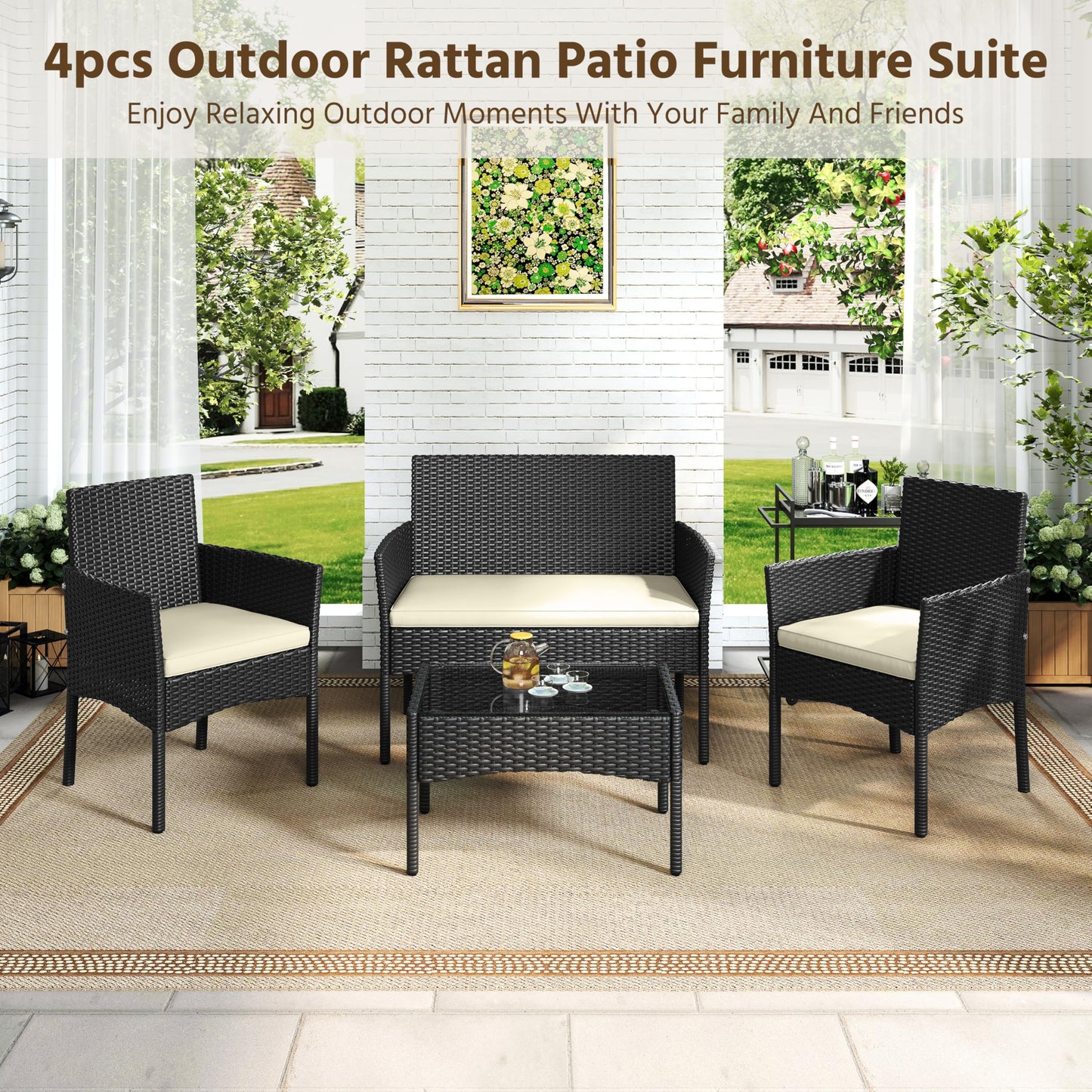 Yaheetech Patio Furniture Set 4 Pieces Conversation Sets, Rattan Chair Wicker Set Loveseat with Soft Cushion and Glass Table for Backyard Porch Garden Poolside Balcony, Black and Beige - CookCave