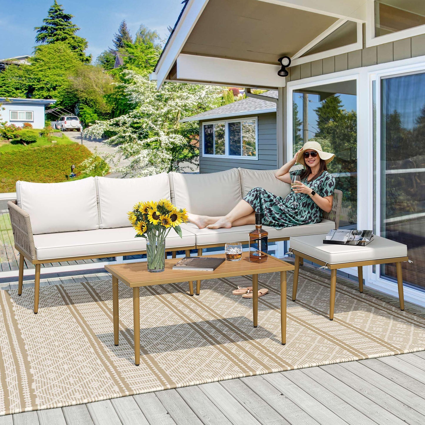 YITAHOME Patio Furniture Set, 6 Pieces Outdoor Rattan Woven Sectional Sofa Patio Loveseat with Ottoman and and Side Table, Conversation Set for Backyard, Porch, Boho - Beige - CookCave