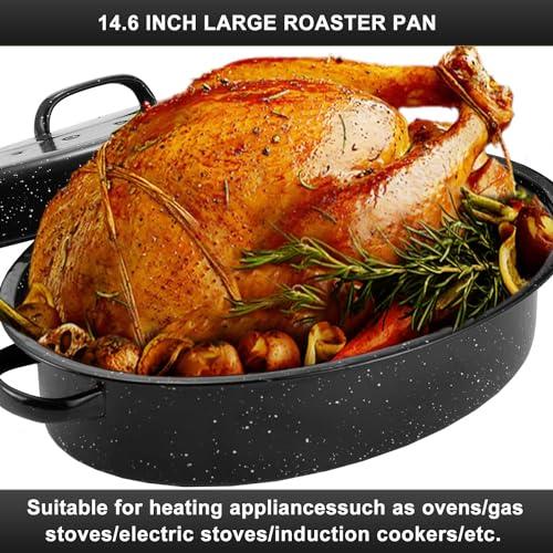 14.6 Inch Roaster Pan, Enamel Oval Turkey Roasting Pan with Domed Lid - Mother's Gift, Covered, Non-sticky, Free of Chemicals - Rôtissoire Chicken Meat Roasts Casseroles & Vegetables (14.6 Inch) - CookCave