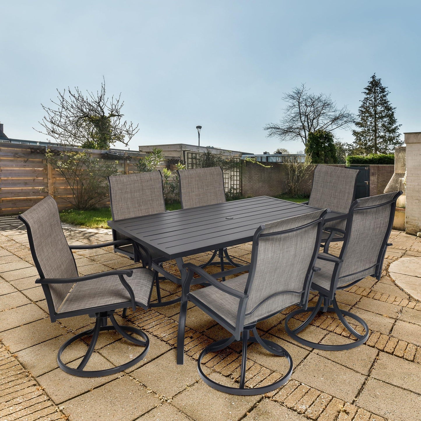 Anmutig 7 Pieces Outdoor Patio Dining Set for 6 Patio Dining Swivel Chairs Textilene & 1 Rectangle Outdoor Dining Table with 1.57" Umbrella Hole for Backyard Bistro Outdoor Furniture Garden Dark Grey - CookCave