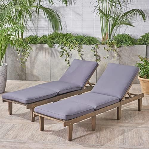 Christopher Knight Home Alisa Outdoor Acacia Wood Chaise Lounge (Set of 2), Grey Finish/Dark Grey Cushion - CookCave