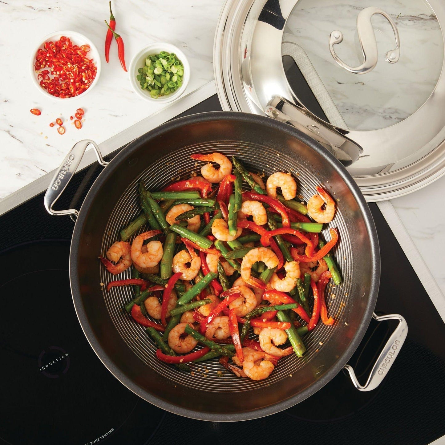 Circulon Clad Stainless Steel Wok/Stir Fry with Glass Lid and Hybrid SteelShield and Nonstick Technology, 14 Inch - Silver - CookCave