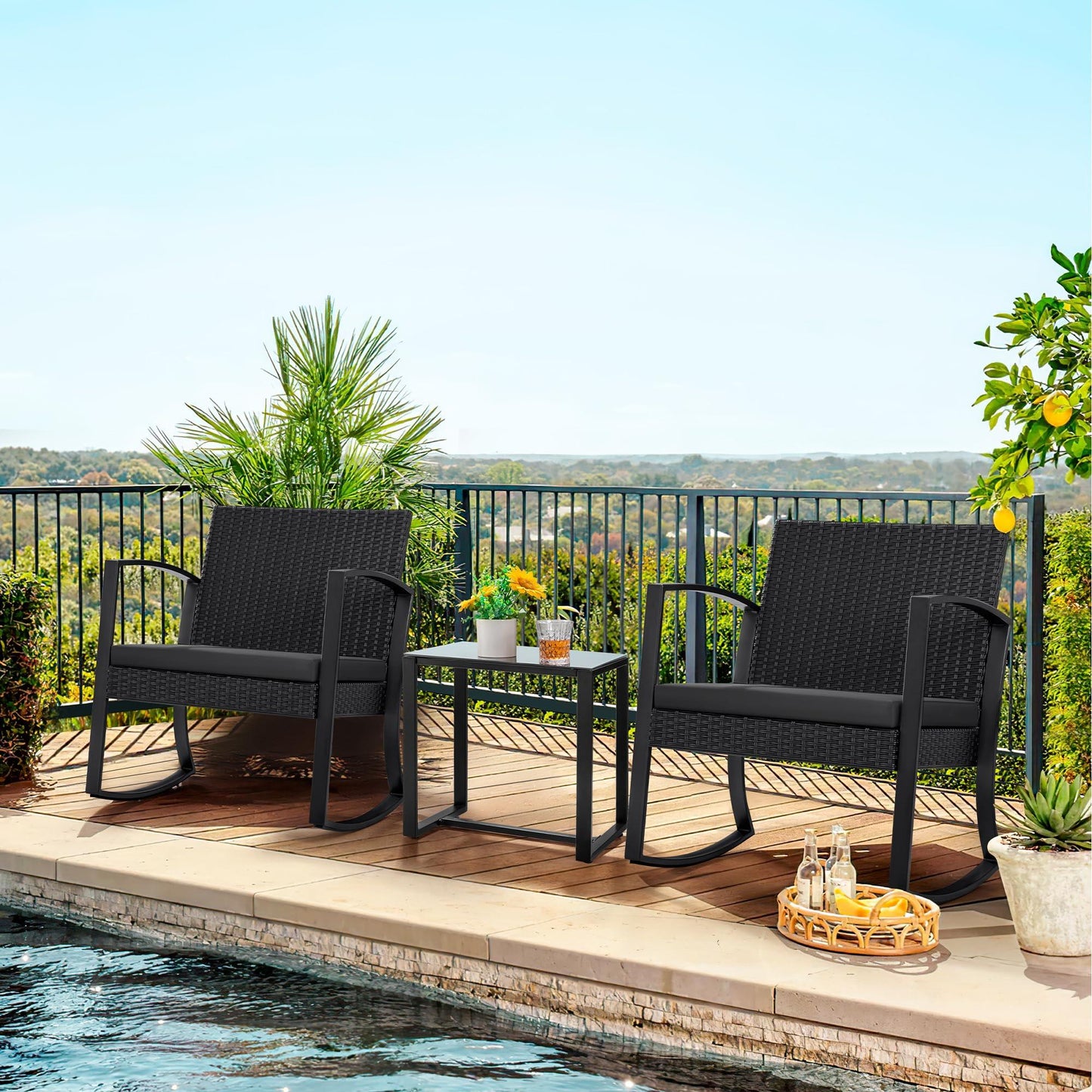 JUMMICO 3 Piece Patio Rocking Chair Set Outdoor Patio Furniture Set with Coffee Table and Cushions for Balcony Porch Bistro (Black) - CookCave