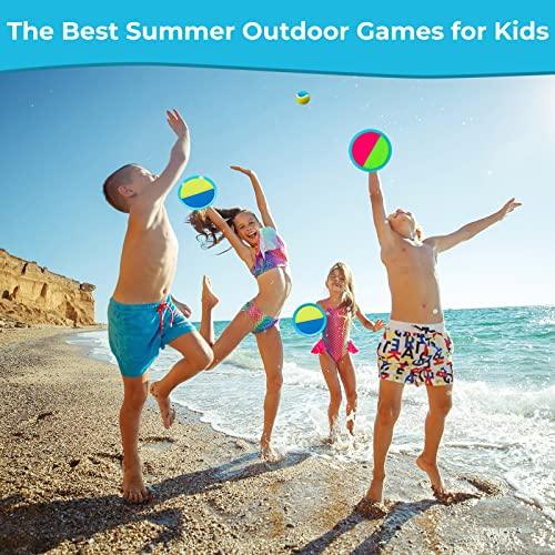 Kids Toys - Outdoor Games, Beach Toys, Toss and Ball Set with 4 Paddles and 3 Balls, Perfect Beach Games Sets Playground Sets for Backyards Easter Gifts for Kids/Adults/Family (Blue+Light Yellow) - CookCave