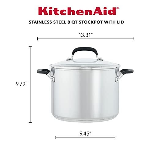 KitchenAid Stainless Steel Stockpot with Measuring Marks and Lid, 8 Quart, Brushed Stainless Steel - CookCave