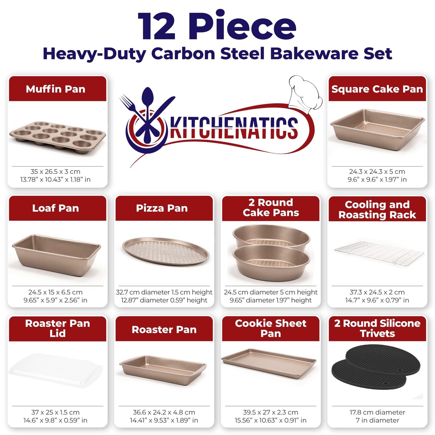 KITCHENATICS Nonstick Bakeware Set, Heavy Duty Professional Kitchen Baking Pan Set Cookie Sheet Set, Cooking Baking Set, Baking Pans, Carbon Steel Bakeware Set, Oven Pan Set - Champagne Gold 12-PC - CookCave