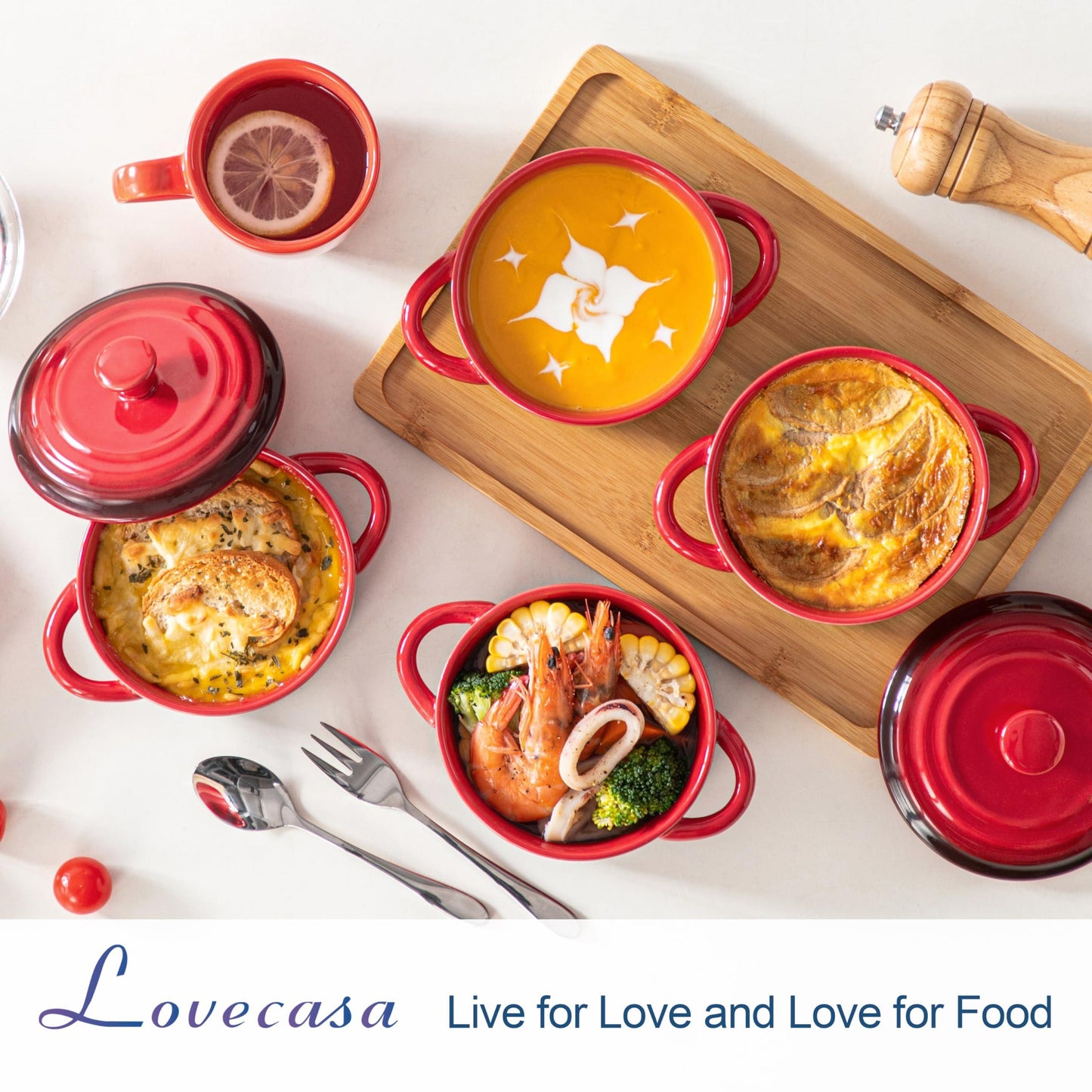 LOVECASA Mini Cocotte Set,14 OZ Small Casserole Dishes with Lids, Soup Bowls With Handles,Individual Baking Ramekins,Oven, Microwave & Dishwasher Safe,Set of 4,Red - CookCave
