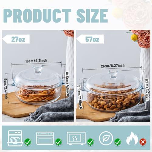 Maxcheck 2 Pieces Glass Casserole Dish with Lid Round Baking Casserole Dish 1.7L and 0.8L Covered Cookware Microwave Bowls with Handle for Kitchen Restaurant Home Party Cooking, Oven Safe - CookCave