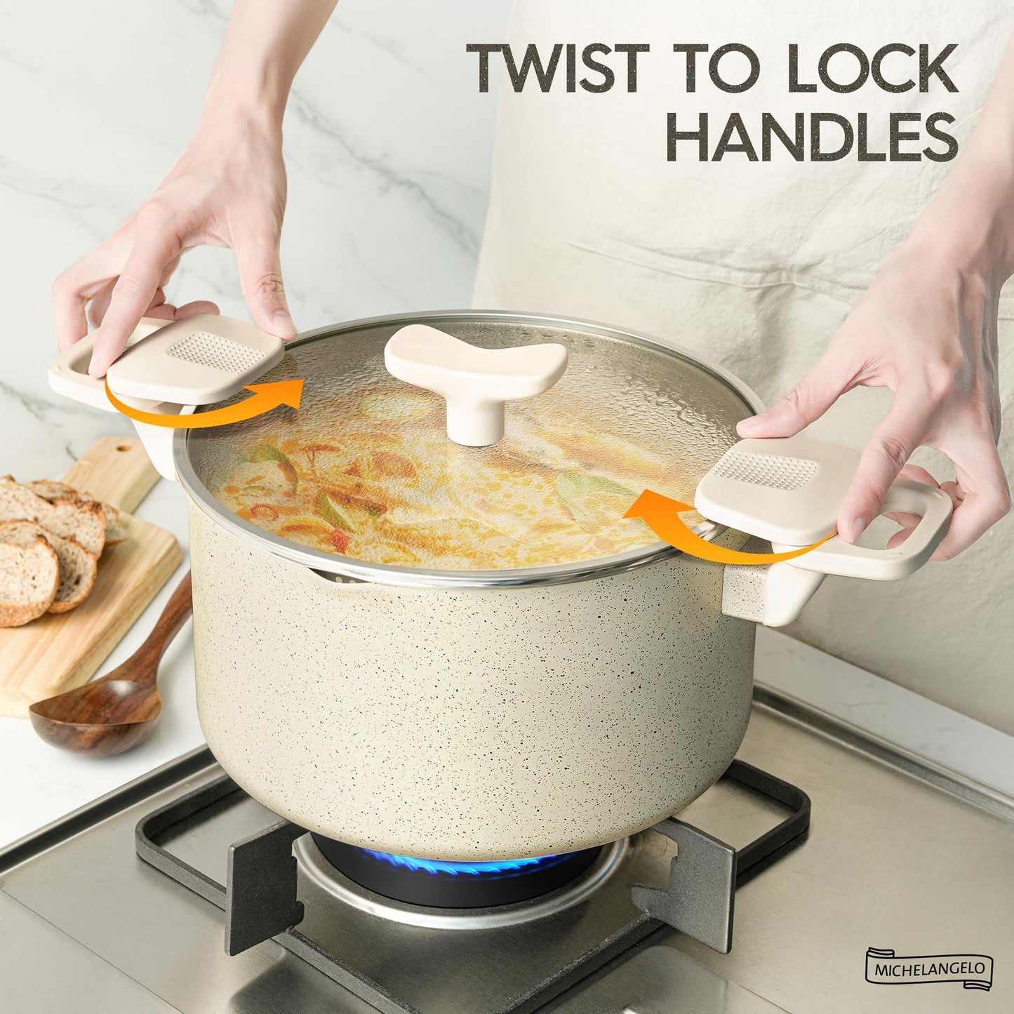 MICHELANGELO Pasta Pot with Strainer Lid, 6 Quart Multipurpose Pot with Twist and Lock Handles, Soup Pot with Nonstick Granite Coating, Spaghetti Pot Induction Compatible, White - CookCave