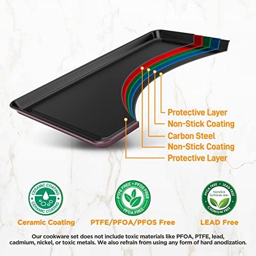 NutriChef 8-Piece Nonstick Stackable Bakeware Set - PFOA, PFOS, PTFE Free Baking Tray Set w/Non-Stick Coating, 450°F Oven Safe, Round Cake, Loaf, Muffin, Wide/Square Pans, Cookie Sheet (Plum) - CookCave