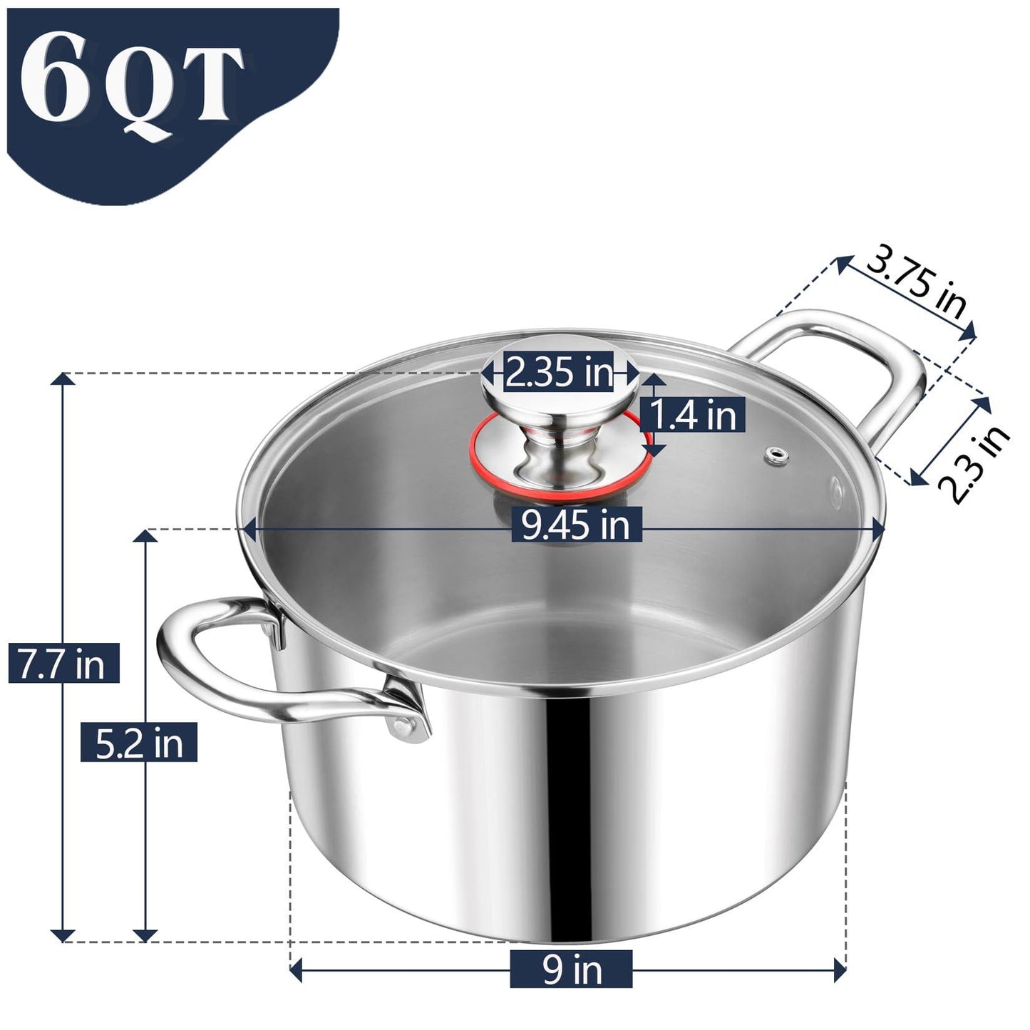 P&P CHEF 6 Quart Stock Cooking Pot, Tri-Ply Stainless Steel Stockpot with Lid for Induction Gas Electric Stoves, Transparent Cover & Double Riveted Handles, Heavy Duty & Dishwasher Safe - CookCave