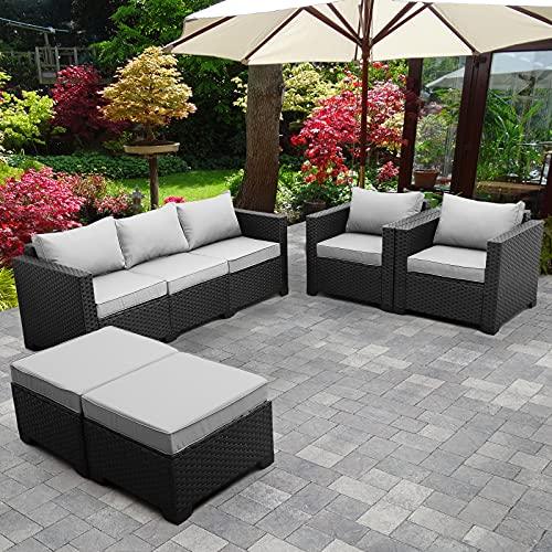 Rattaner Outdoor Wicker Furniture Couch Set 5 Pieces, Patio Furniture Sectional Sofa with Grey Cushions and Furniture Covers - CookCave