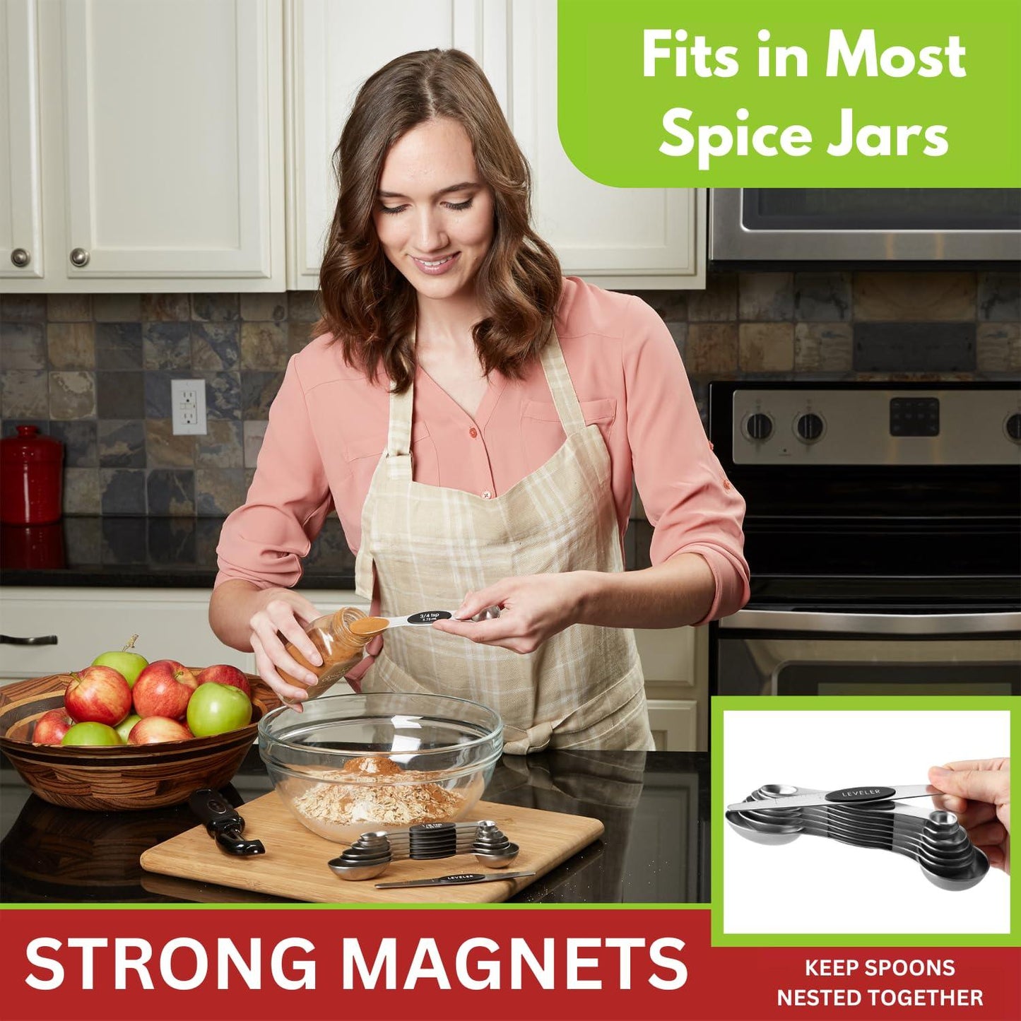 Spring Chef Magnetic Measuring Spoons Set with Strong N45 Magnets, Heavy Duty Stainless Steel Metal, Fits in Most Kitchen Spice Jars for Baking & Cooking, BPA Free, Black, Set of 8 with Leveler - CookCave