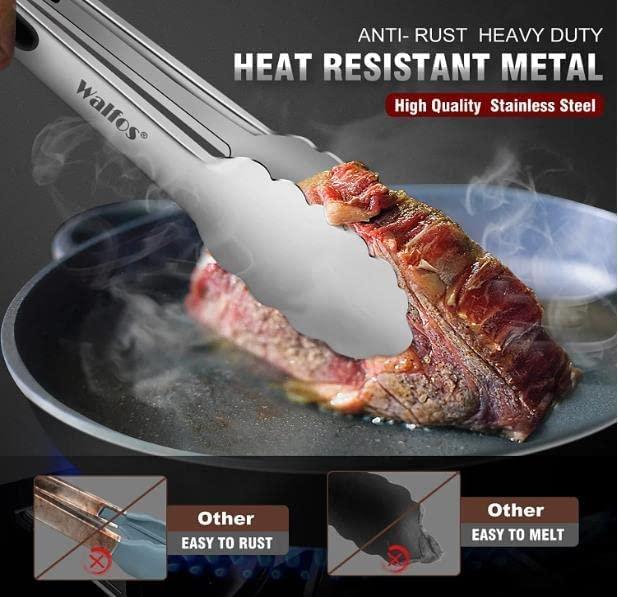 Walfos Stainless Steel Kitchen Tongs for Cooking, BBQ - 7 ,9, 12 and 14 Inch,Set of 4 Heavy Duty Locking Metal Food Tongs Non-Slip Grip - CookCave