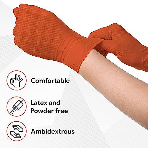 WECARE Orange 8 Mil Nitrile Gloves Medium 50 Pack - Heavy Duty Mechanic Gloves, with Diamond Grip - Powder and Latex Free Disposable Gloves - CookCave