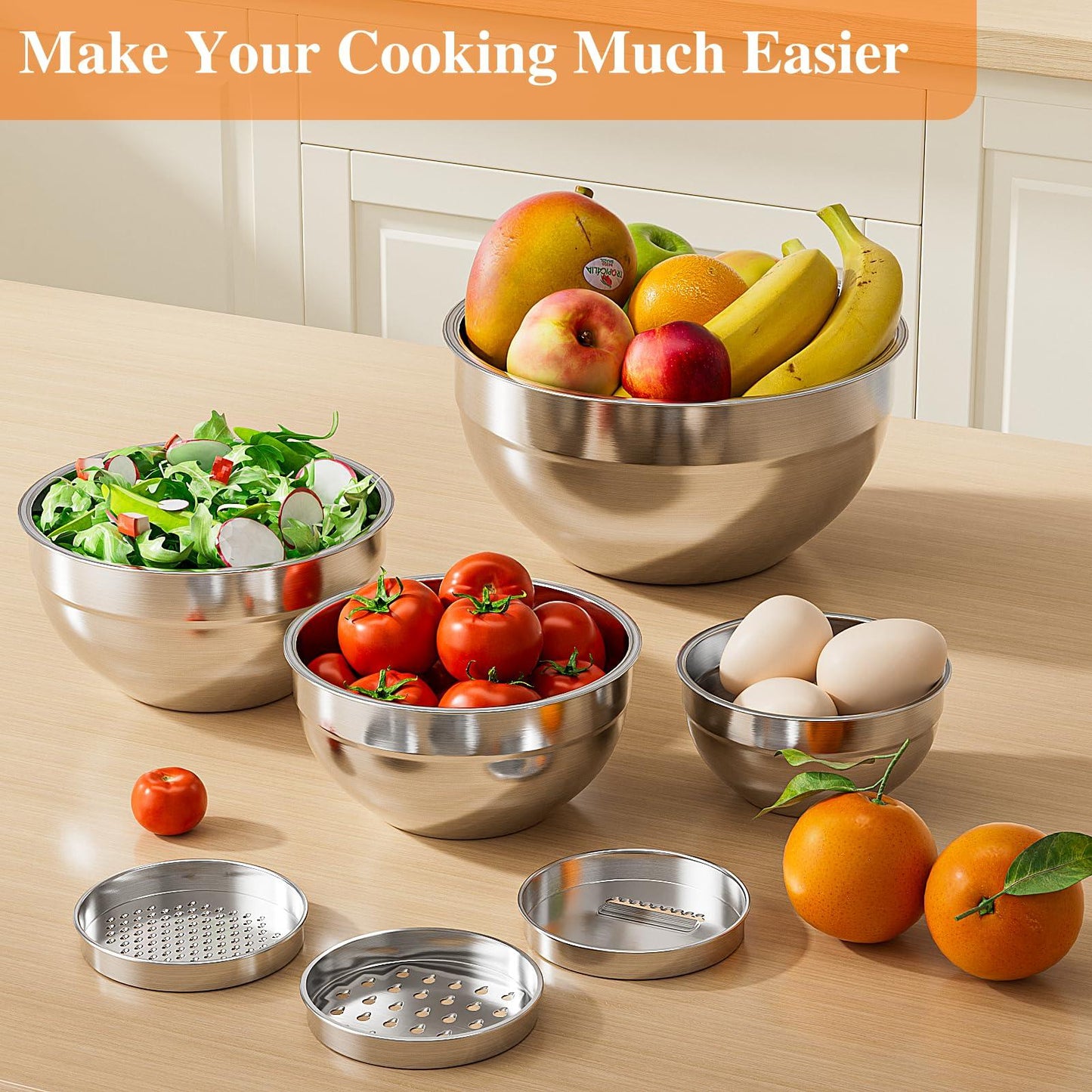 Winproper Mixing Bowls with Lids Set, 6 PCS Stainless Steel Mixing Bowls with 3 Grater Attachments, Kitchen Food Storage Organizers Nesting Mixing Bowl, Large Size 4.5, 3.5, 2.1, 1.5, 1.1, 0.7QT - CookCave