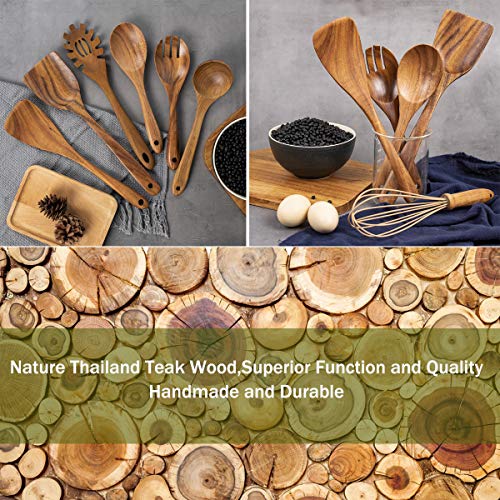 10 Pack Wooden Spoons for Cooking, Teak Wood Kitchen Utensils Set for Non Stick Use, Spatula Set for Stirring, Baking, Non Stick Wooden Utensils for Kitchen - CookCave