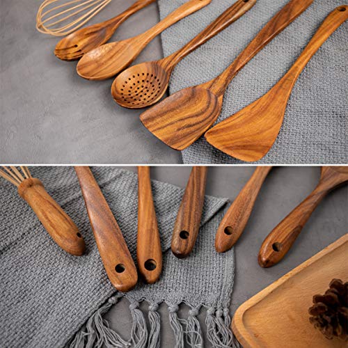 10 Pack Wooden Spoons for Cooking, Teak Wood Kitchen Utensils Set for Non Stick Use, Spatula Set for Stirring, Baking, Non Stick Wooden Utensils for Kitchen - CookCave