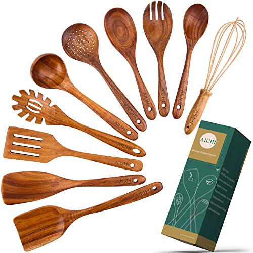 10 Pack Wooden Spoons for Cooking, Teak Wood Kitchen Utensils Set for Non Stick Use, Spatula Set for Stirring, Baking, Non Stick Wooden Utensils for Kitchen - CookCave