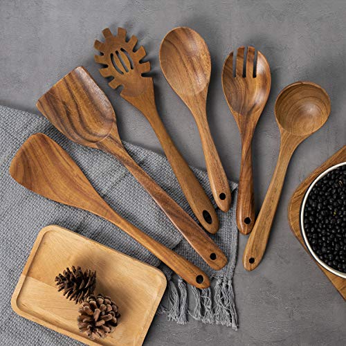 10 Pack Wooden Spoons for Cooking, Teak Wood Kitchen Utensils Set for Non Stick Use, Spatula Set for Stirring, Baking, Non Stick Wooden Utensils for Kitchen - CookCave