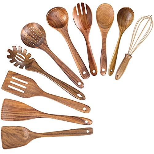 10 Pack Wooden Spoons for Cooking, Teak Wood Kitchen Utensils Set for Non Stick Use, Spatula Set for Stirring, Baking, Non Stick Wooden Utensils for Kitchen - CookCave